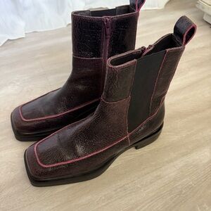 Free People Black Patent Ankle Boots with Pink Piping